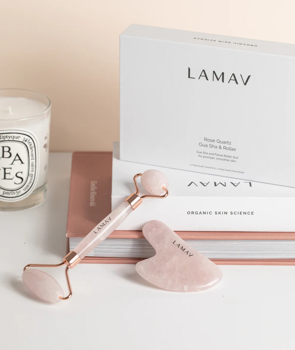 LAMAV Rose Quartz Gua Sha and Roller Set