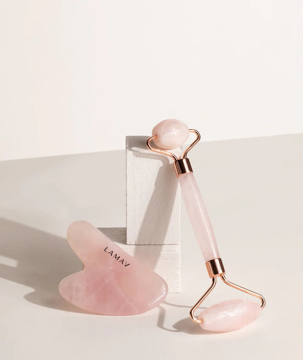 LAMAV Rose Quartz Gua Sha and Roller Set