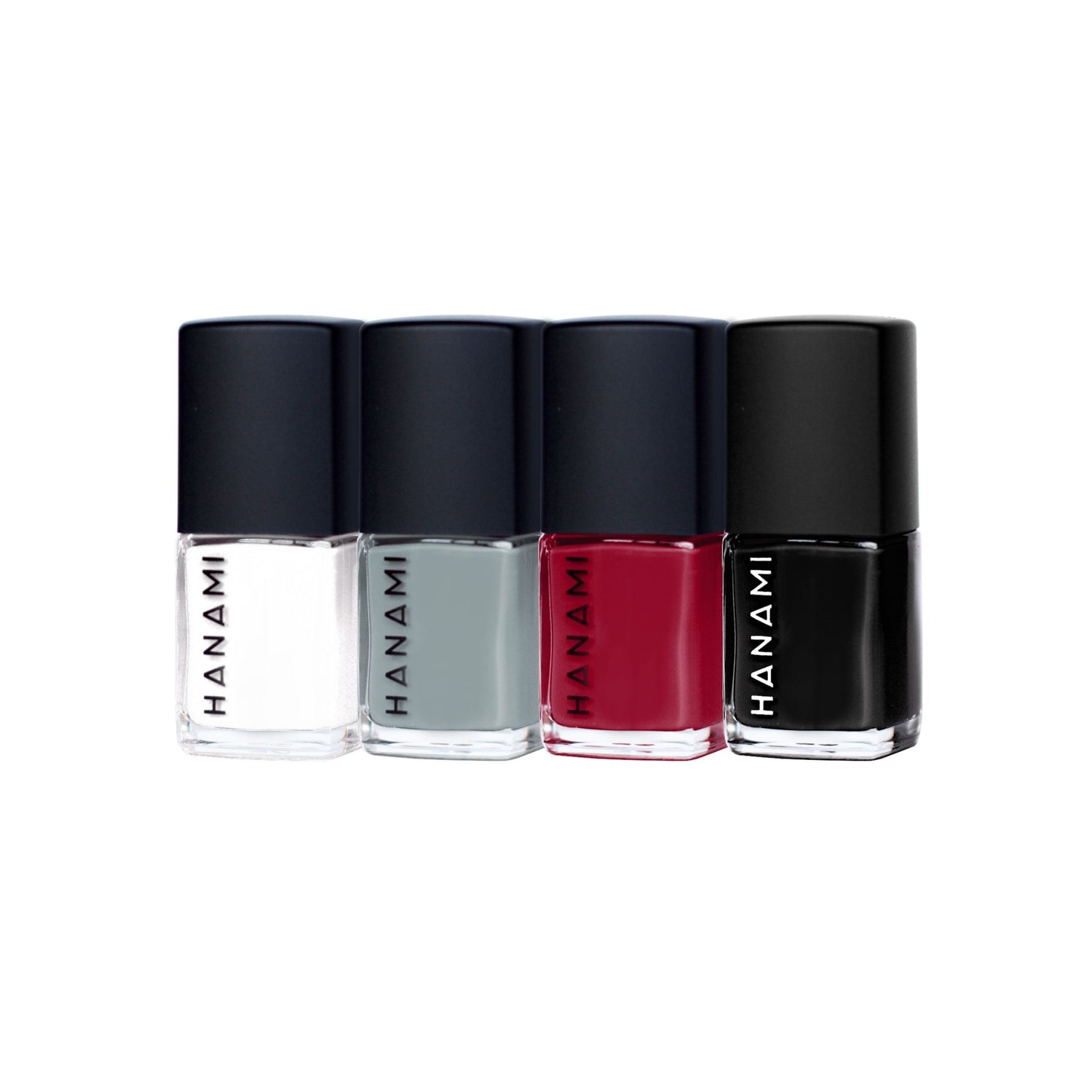 Four Hanami nontoxic nail polish in white, grey, red and black