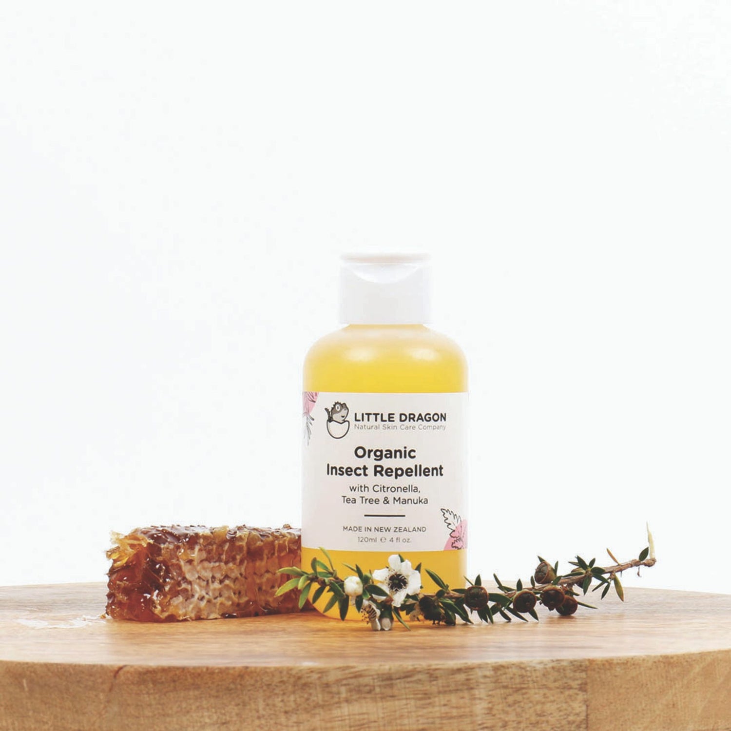 Little Dragon Organic Insect Repellent. With Citronella, Tea Tree & Manuka. Protects sensitive skin. Without harmful chemicals or DEET. Bio-Grow certified. Made in NZ. Cruelty Free. Enviro-friendly.