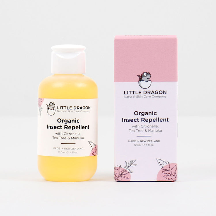 Little Dragon Organic Insect Repellent. With Citronella, Tea Tree & Manuka. Protects sensitive skin. Without harmful chemicals or DEET. Bio-Grow certified. Made in NZ. Cruelty Free. Enviro-friendly.