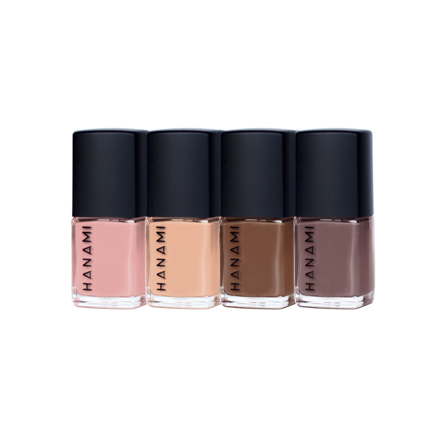 Selection of four 9ml nudes and subtle colours of Hanami non toxic nail polishes. 