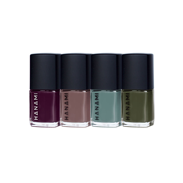Four Hanami non-toxic nail polishes in cherry, mud brown, earthy green and moss colours