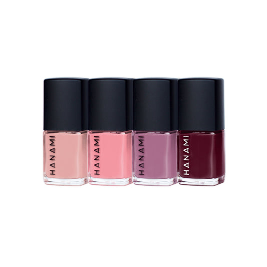 Selection of four Hanami non toxic nail polishes in pinks and complimentary colours